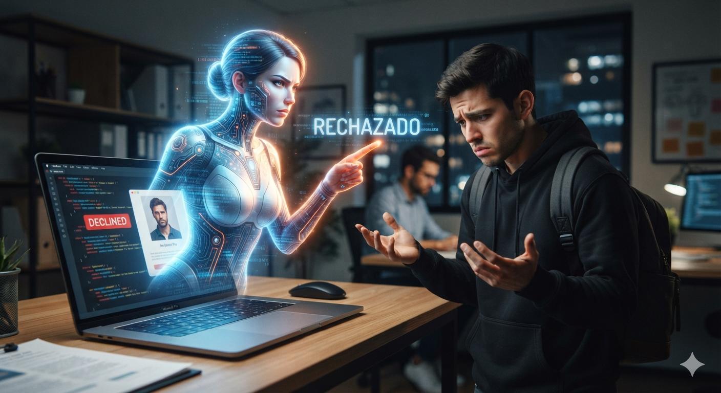 Una figura holográfica generada por computadora emerge de una notebook y señala con el dedo a un hombre desconcertado, mientras en el aire se lee la palabra RECHAZADO.